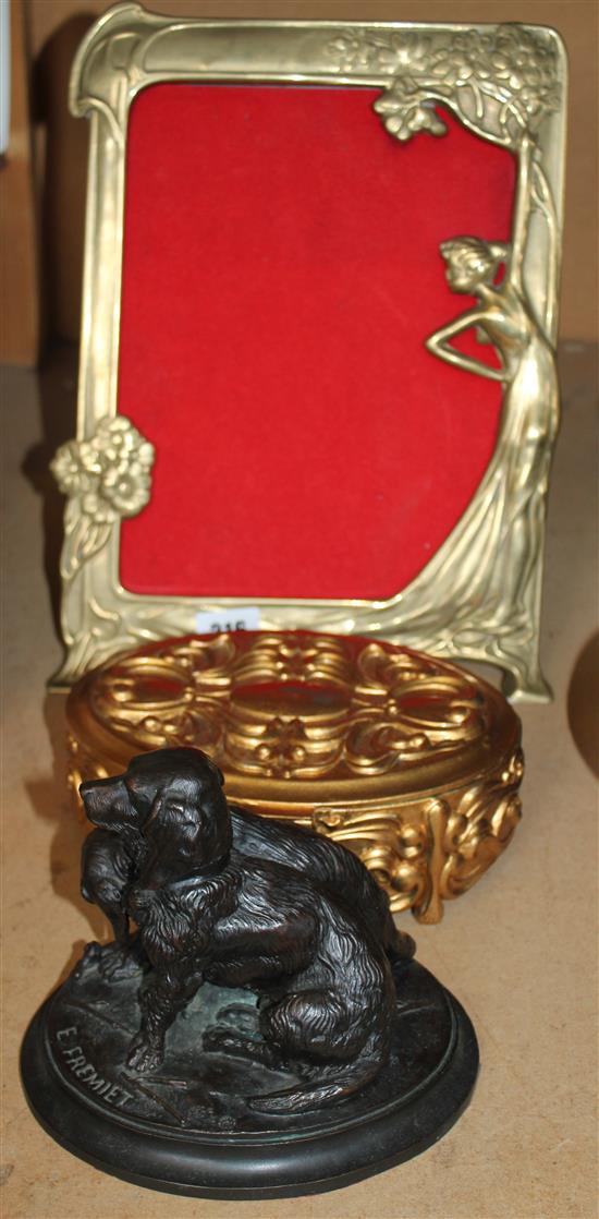 Bronze group of setters, an easel mirror and a gilt metal box